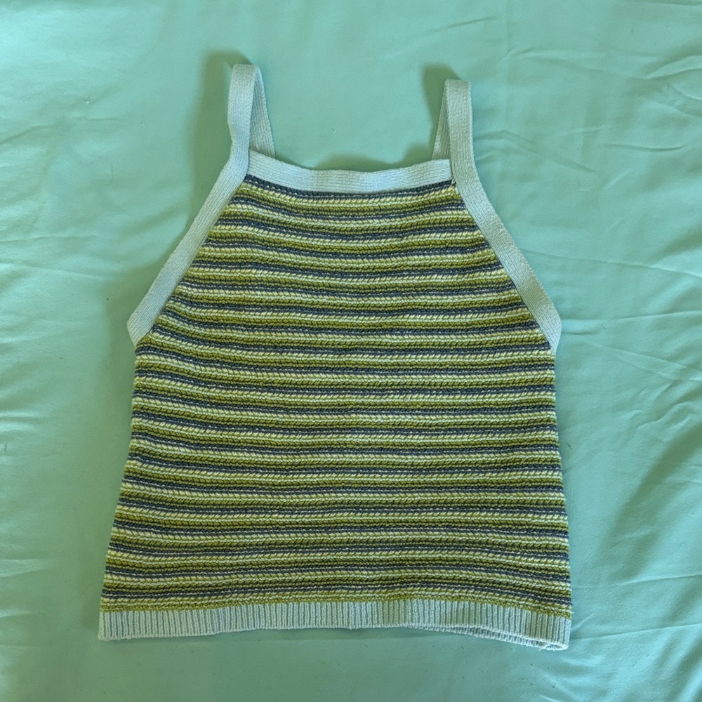 Striped High Neck Tank Top - Blue and Green
